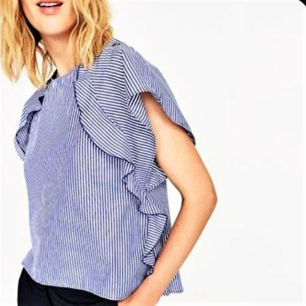 Zara Basic Collection Striped Ruffle Blouse - image 1